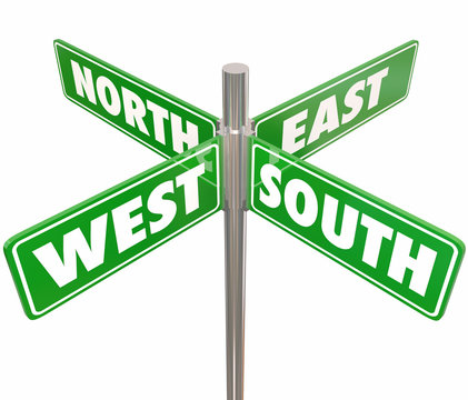 North South East West 4 Way Green Road Signs Intersection