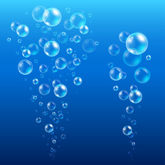 Set of rising from the depths of blue air bubbles