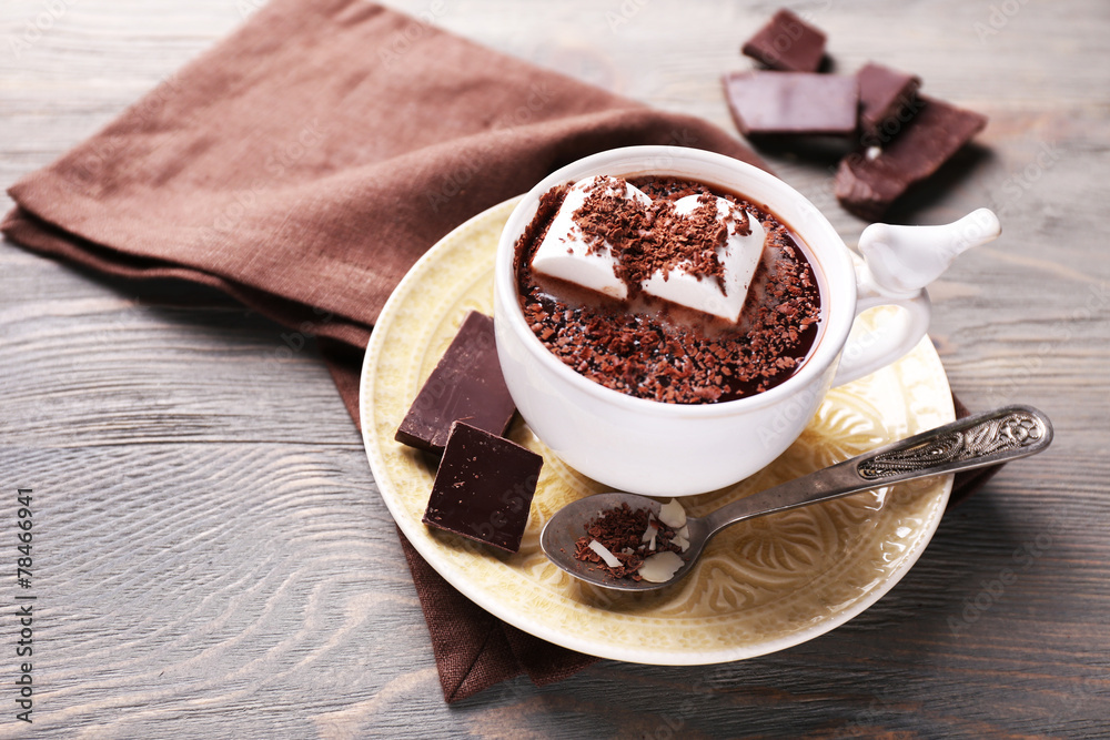 Poster hot chocolate with marshmallows in mug,