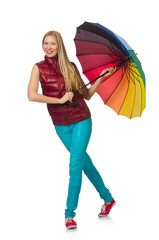 Young woman with colourful umbrella isolated on white