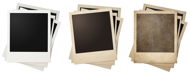 old and new polaroid photo frames stacks isolated