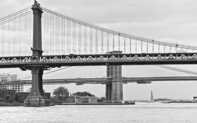 Manhattan Bridge, Brooklyn Bridge, and Statue of Liberty.