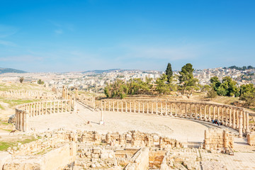 Fototapeta na wymiar Roman Oval Forum in Gerasa, present-day Jerash, Jordan