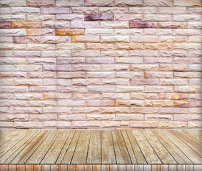 Backdrop marble brick wall and wood slabs in perspective.
