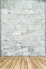 Backdrop marble wall and wood slabs arranged in perspective 