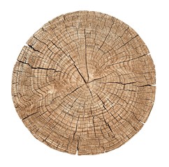 Cross section of tree trunk showing growth rings on white