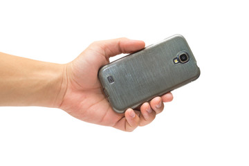 Hand holding camera side of cell phone isolated on white