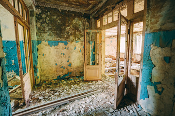 Dilapidated passage in school of Pripyat. Chernobyl Disaster