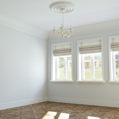 New big empty interior design with retro chandelier and windows