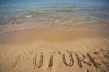 Word future written in sand