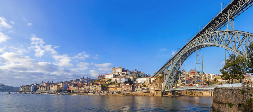 Panorama of the Ribeira and Dom Luis I bridge of Porto, Portugal
