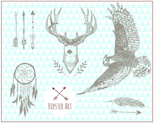 Set of hipster vintage illustration elements. Isolated. Vector