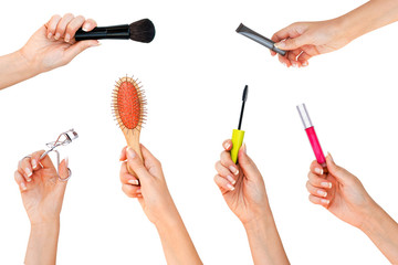Hands with professional cosmetics for makeup