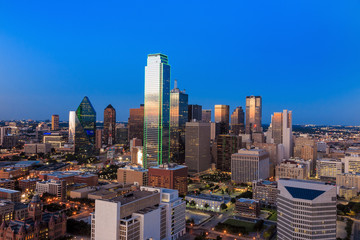 Dallas, Texas cityscape with blue sky at sunset