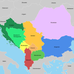 Länder des Balkan (farbig und beschriftet)