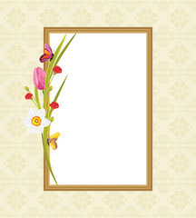 Decorative frame with spring flowers and butterflies