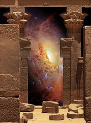 Hathor Temple on Agilkia island and Galaxy M106 (Elements of thi