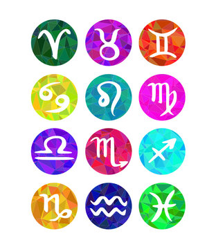 Trendy colorful polygon style set of zodiac horoscope signs.