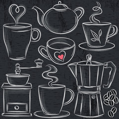 set cup of hot drink on blackboard, vector