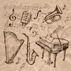 Set of hand drawn musical instrument icons.