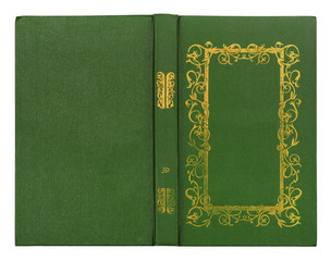 Green leather book cover with gold pattern isolated on white bac