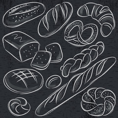 set of different breads on blackboard, vector