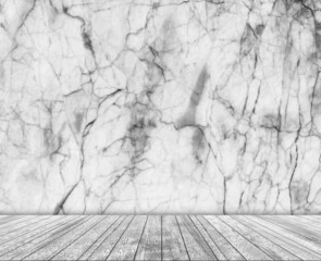 Backdrop stone wall (marble) and wood slabs in perspective.