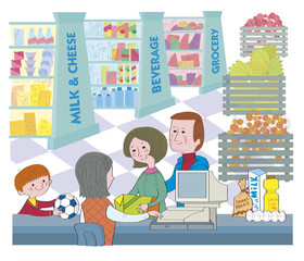 Family in a supermarket. illustration
