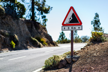 Falling rocks sign. Road to Teide volcano