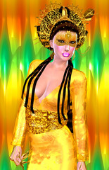 Asian woman, gold crown, colorful background