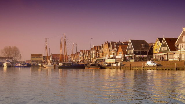 Harbor at sunset. Volendam, The Netherlands