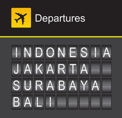 Indonesia flip alphabet airport departures, Jakarta, Bali
