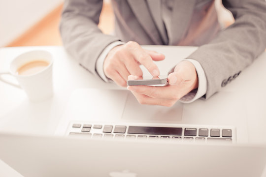 business, technology and internet concept - close up of man hand