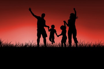 Composite image of silhouette of family jumping