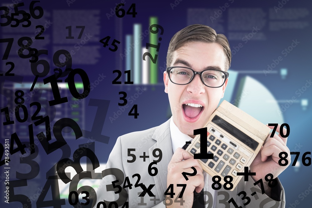 Poster Composite image of geeky smiling businessman showing calculator