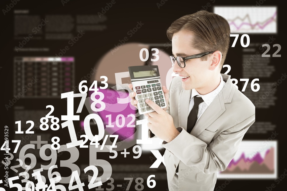 Poster Composite image of geeky smiling businessman showing calculator