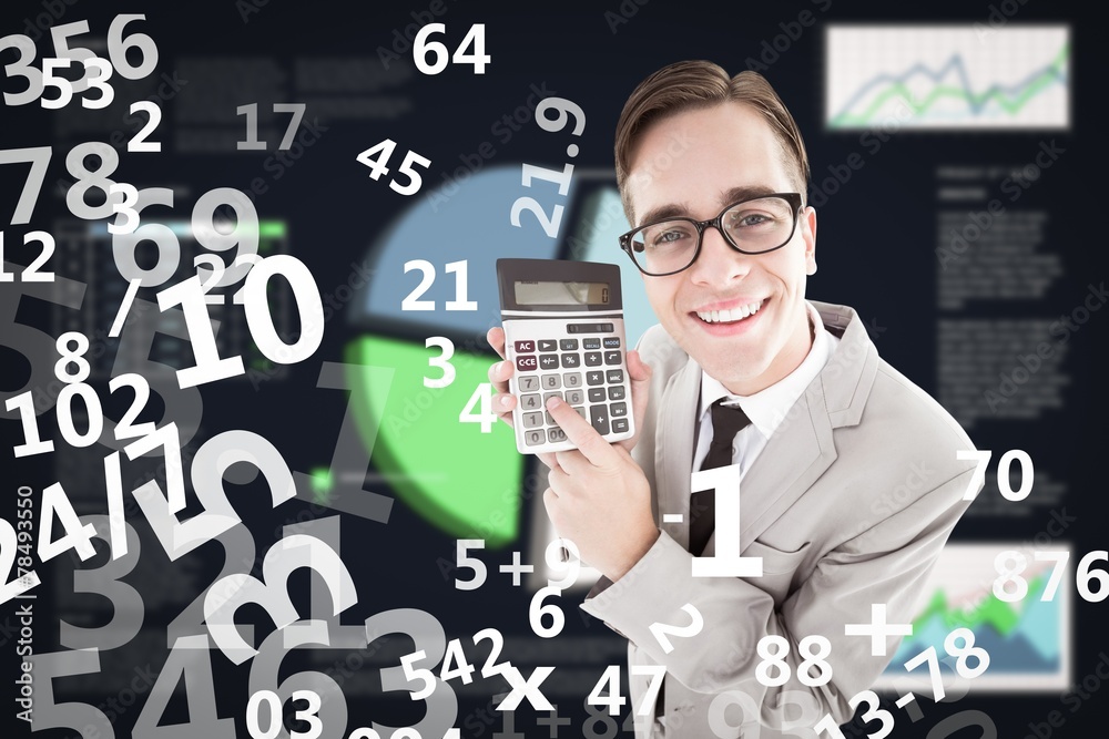 Poster Composite image of geeky smiling businessman showing calculator