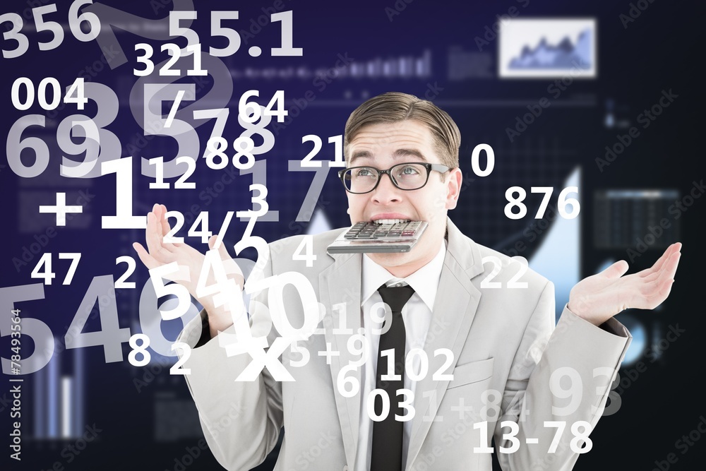Poster Composite image of geeky shrugging businessman biting calculator