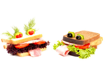 Two lovers funny sandwich for child, isolated on white backgroun