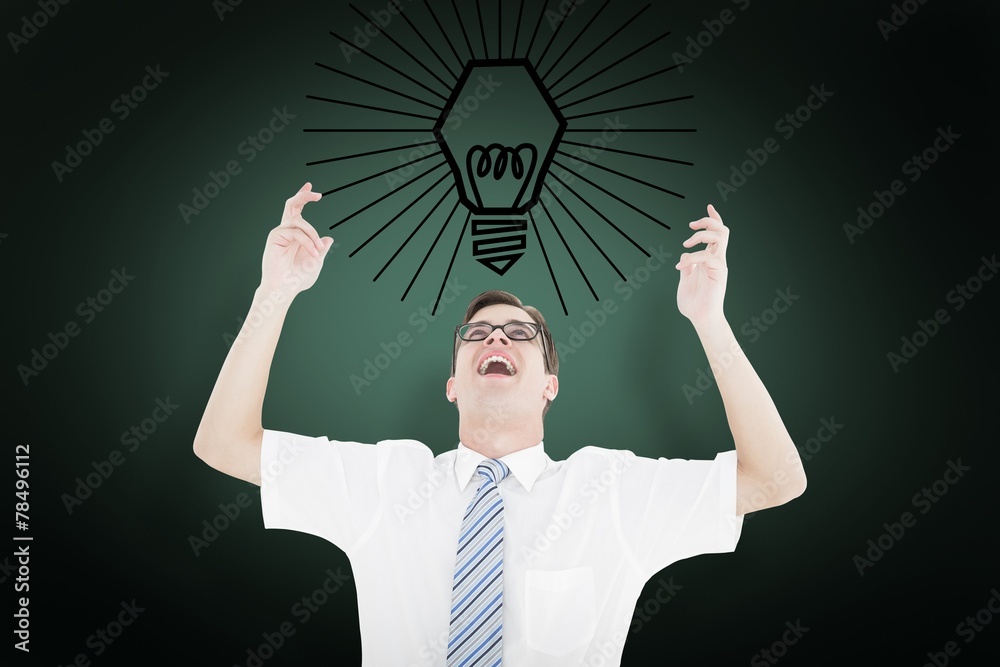 Aufkleber composite image of geeky happy businessman with arms up