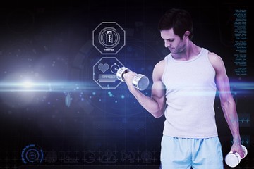 Composite image of fit young man exercising with dumbbells