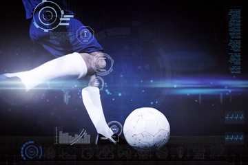 Composite image of football player kicking ball
