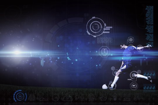 Composite image of football player kicking ball