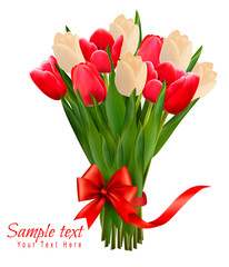 Holiday background with bouquet of colorful flowers with bow and