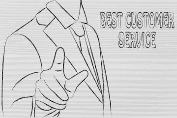 business man pointing next to the writing Best Customer Service