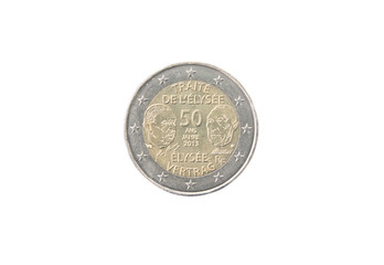 Commemorative 2 euro coin of France minted in 2013 over white