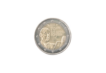 Commemorative 2 euro coin of France minted in 2010 over white