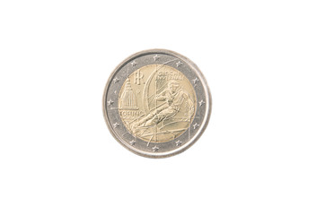 Commemorative 2 euro coin of Italy minted in 2006 over white