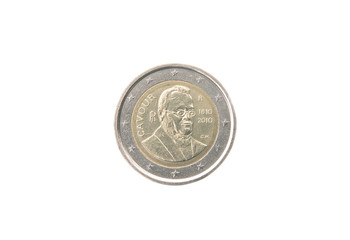 Commemorative 2 euro coin of Italy minted in 2010 over white