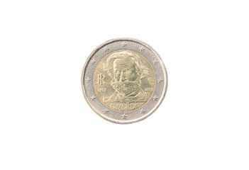 Commemorative 2 euro coin of Italy minted in 2013 over white